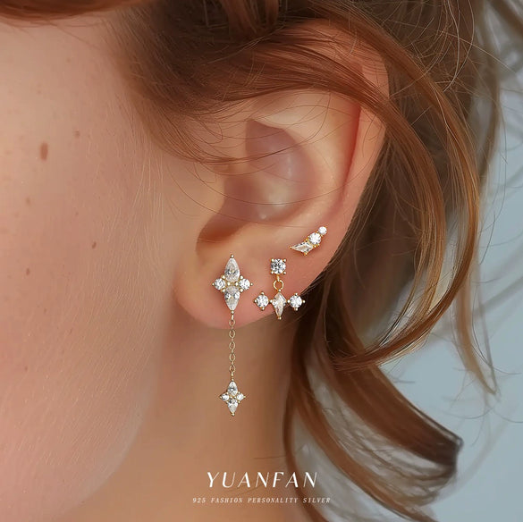 Wholesale Women's 925 Sterling Silver Geometric Diamond Design Round Head Earrings