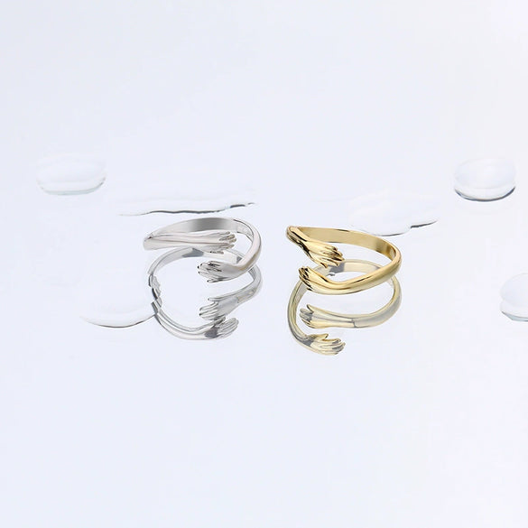 Wholesale Women's 925 Sterling Silver Geometric Hands Hug Open Ring With Electroplating Design