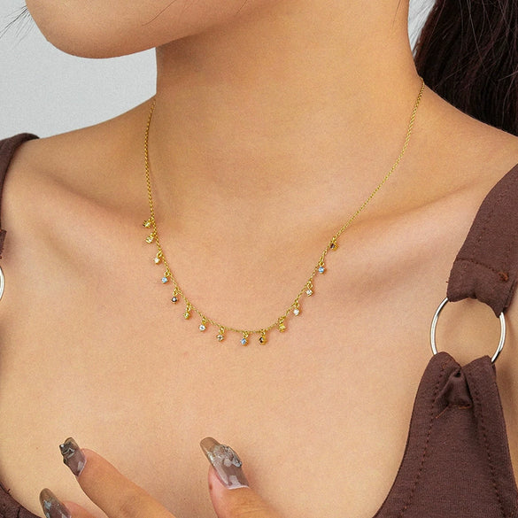 Wholesale Women's 925 Sterling Silver Geometric Mixed Gem Inlay Precious Stones Set Cross Chain Niche Style Clavicle Necklace