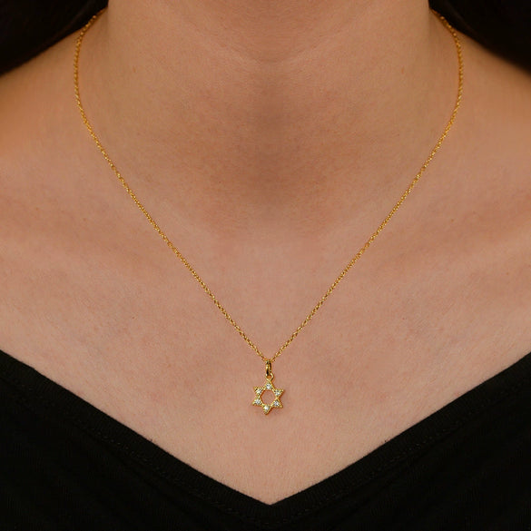 Wholesale Women's 925 Sterling Silver Geometric Sixpointed Star Hollow Pendant Necklace With 14K Gold Plated Diamond Cross Chain
