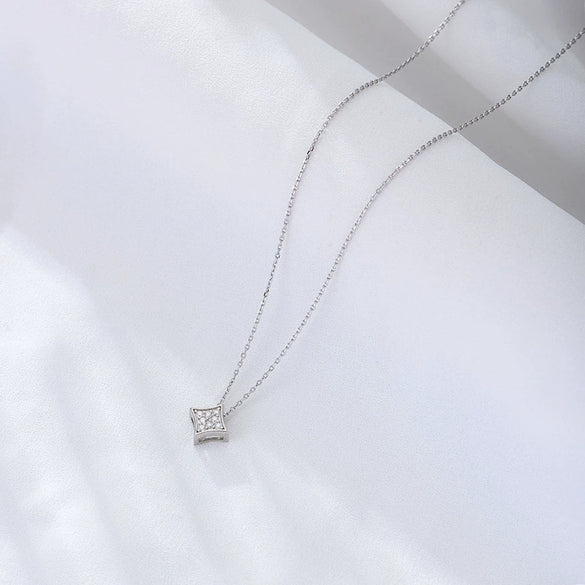 Wholesale Women's Sterling Silver Geometric Square Zircon Pendant Necklace With Cross Chain And Diamond Design