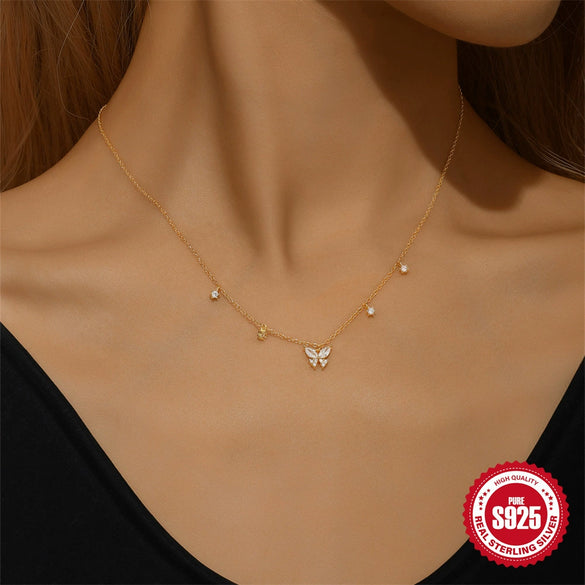 Wholesale Women's 925 Sterling Silver Hot Butterfly Geometric Patterned Stacked Clavicle Chain With Electroplating O Word Chain Necklace