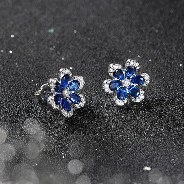 Wholesale Women's 925 Sterling Silver Inlaid Artificial Sapphire Geometric Flower Stud Earrings