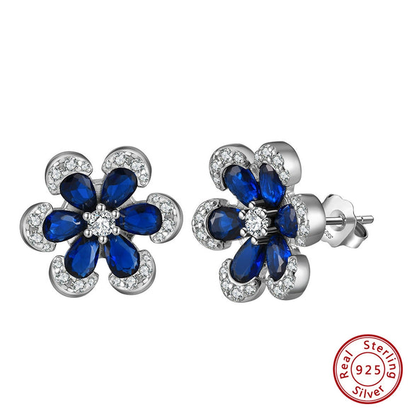 Wholesale Women's 925 Sterling Silver Inlaid Artificial Sapphire Geometric Flower Stud Earrings