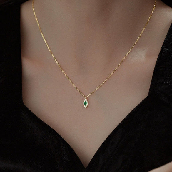 Wholesale Women's Sterling Silver 14K Gold Plated Emerald Rhombus Pendant Ochain Necklace With Eye Of Horus Retro Design