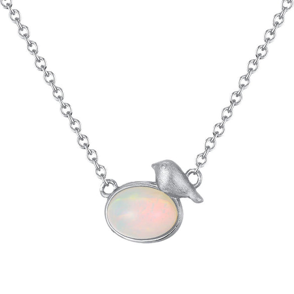 Wholesale Women's Sterling Silver 925 Natural Opal Bird Geometric Hammered Necklace With 14K Gold Electroplating