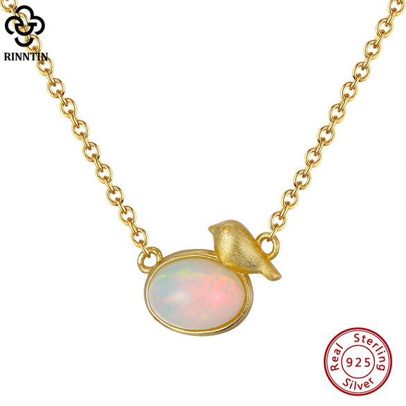Wholesale Women's Sterling Silver 925 Natural Opal Bird Geometric Hammered Necklace With 14K Gold Electroplating