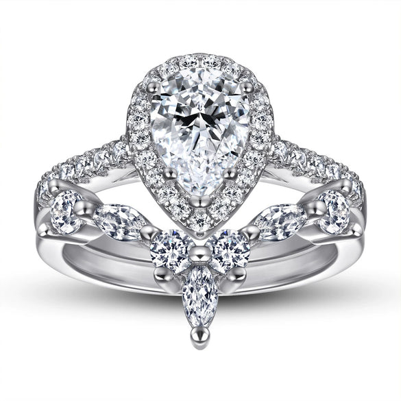 Wholesale Women's 925 Sterling Silver Ring Set Dropshaped Zircon Vshaped Row Geometric Design Diamondtreated