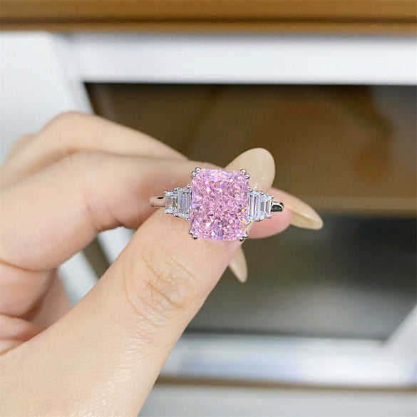 Wholesale Women's 925 Sterling Silver Square Geometric Design Ring With Ice Flower Cut Zircon Simulation Diamonds And Electroplating Treatment