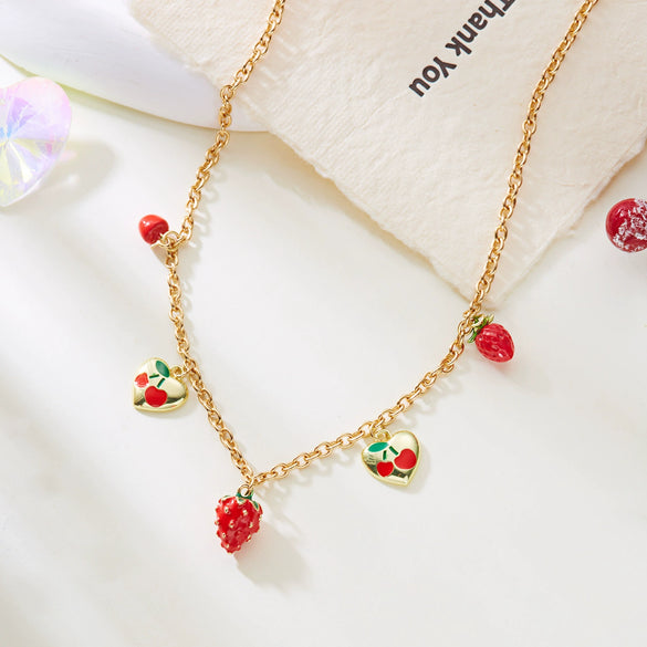 Wholesale Women's Strawberry And Heart Shape Alloy Electroplated Pendant Necklace In Cute Country Style