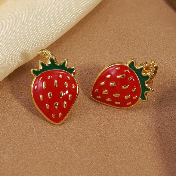 Wholesale Women's Strawberry Oil Drop Stainless Steel Earrings Fruit Pattern Dripping Oil Process