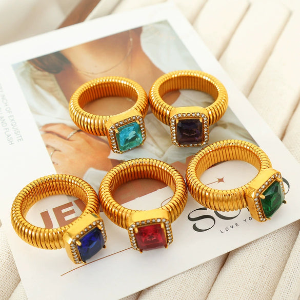 Wholesale Women's Street Style Geometric Zircon 316L Stainless Steel 18K Gold Plated Nonfading Ring Jewelry