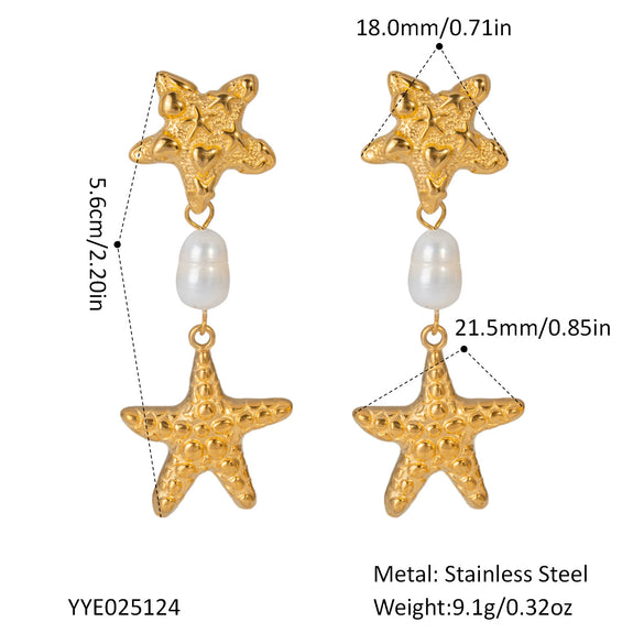 Wholesale Women's Summer Starfish Pearl Earrings Stainless Steel Pvd Furnace Vacuum Real Gold Plated