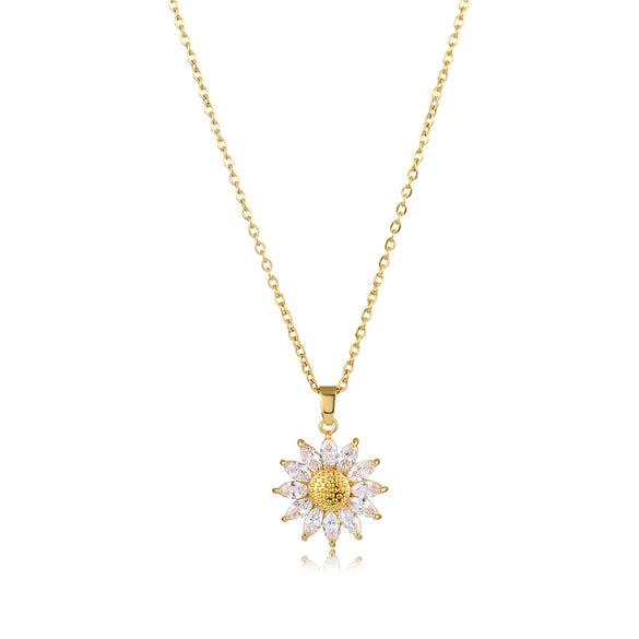 Wholesale Women's Sunflower Zircon Pendant Necklace In Pastoral Style With Diamond Design Made Of Titanium Steel And Brass