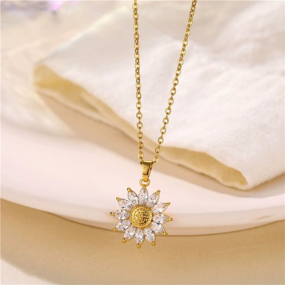 Wholesale Women's Sunflower Zircon Pendant Necklace In Pastoral Style With Diamond Design Made Of Titanium Steel And Brass