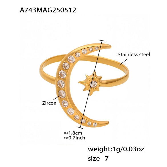 Wholesale Women's Super Flash Geometric Stainless Steel Ring With Star And Moon Design Electroplated Hand Jewelry