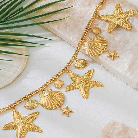 Wholesale Women's Sweet And Cool Style Flower Shape Alloy Zinc Alloy Electroplated Starfish Ocean Element Shell Necklace Choker Jewelry