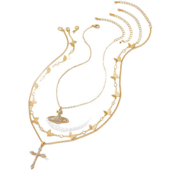 Wholesale Women's Sweet And Cool Style Flowershaped Alloy Electroplated Pearl Chain Necklace Set Highend Jewelry Accessories