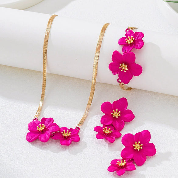 Wholesale Women's Sweet And Cool Style Geometric Flower Alloy Electroplated Jewelry Set Including Hand Jewelry And Earrings