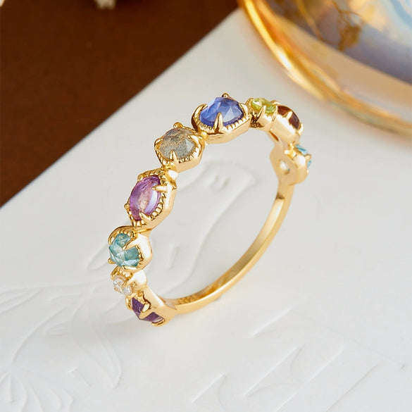 Wholesale Women's Sweet And Cool Style Multicolored Natural Crystal S925 Silver Ring With Polished Electroplating