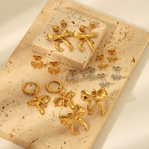 Wholesale Women's Sweet Bow Design Earrings Jewelry In Stainless Steel With Vacuum Real Gold Electroplating In Pvd Furnace