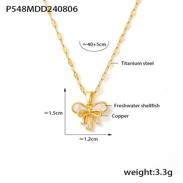 Wholesale Women's Sweet Fairy Style Copper And Titanium Steel Pendant Clavicle Chain With Water Shell Double Bow And Geometric Pattern 18K Real Gold Plated
