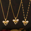 Wholesale Women's Sweet Fairy Style Copper And Titanium Steel Pendant Clavicle Chain With Water Shell Double Bow And Geometric Pattern 18K Real Gold Plated