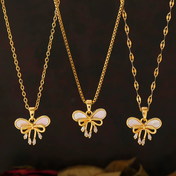 Wholesale Women's Sweet Fairy Style Copper And Titanium Steel Pendant Clavicle Chain With Water Shell Double Bow And Geometric Pattern 18K Real Gold Plated