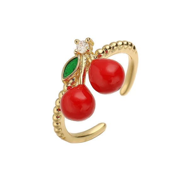 Wholesale Women's Sweet Fruit Style Copper Drop Cherry And Strawberry Open Adjustable Ring With Dripping Oil Design