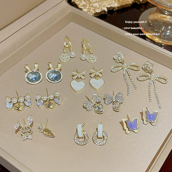 Wholesale Women's Sweet Geometric Copper And 925 Silver Earrings Set With Pearls