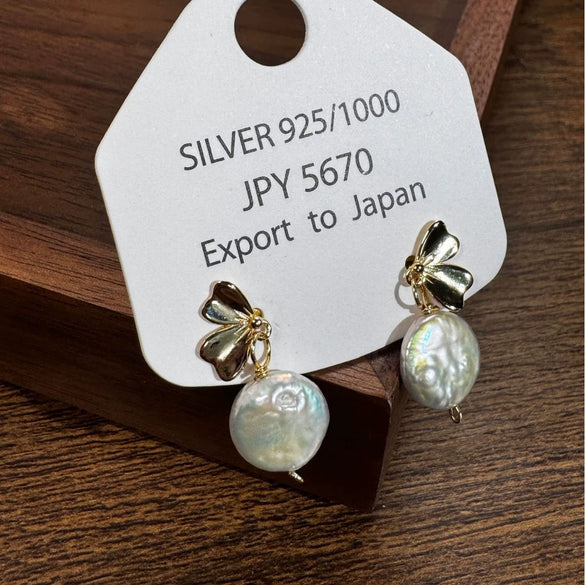 Wholesale Women's Sweet Girl Bow S925 Sterling Silver Natural Freshwater Pearl Pendant Earrings With Electroplating