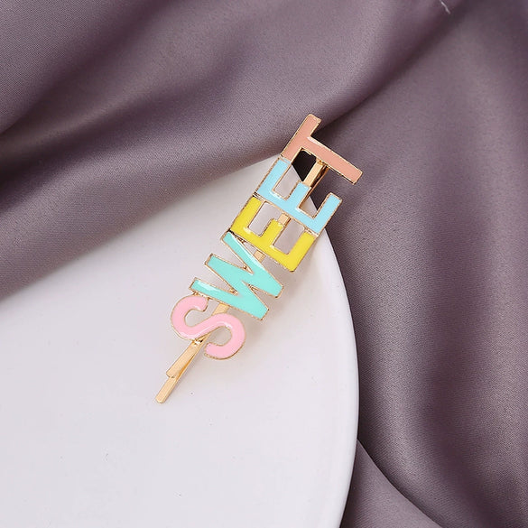 Wholesale Women's Sweet Metal Acetate Letter Clips Oil Dripping And Carved Design Including Side Clips Bangs Clips And Frog Clips