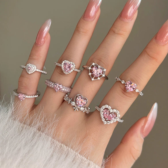 Wholesale Women's Sweet Pink Love Geometric Zircon S925 Sterling Silver Ring With Heart Shape Design And Electroplating