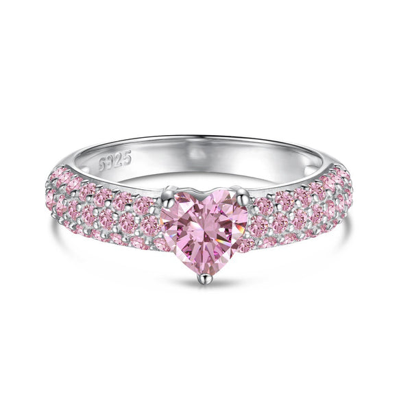 Wholesale Women's Sweet Pink Love Geometric Zircon S925 Sterling Silver Ring With Heart Shape Design And Electroplating