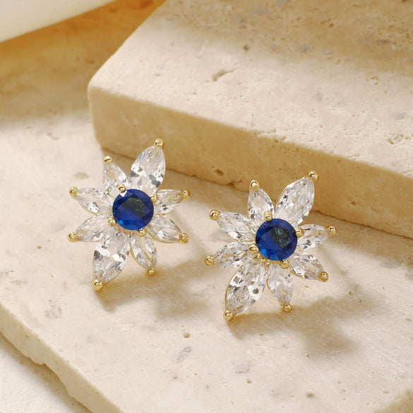 Wholesale Women's Sweet Style Copper And Glass Ear Jewelry With Colorful Zircon And Sunflower Pattern Inlaid With Diamonds And Electroplating Treatment