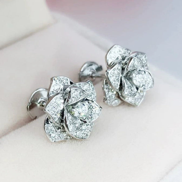 Wholesale Women's Sweet Style Flower Zircon Earrings Copper Material