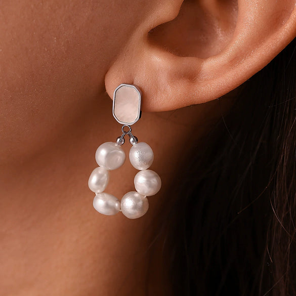 Wholesale Women's Sweet Style Freshwater Pearl And Shell Earrings With Geometric Design And Electroplating Made Of Stainless Steel