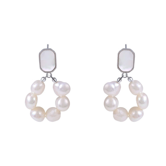 Wholesale Women's Sweet Style Freshwater Pearl And Shell Earrings With Geometric Design And Electroplating Made Of Stainless Steel