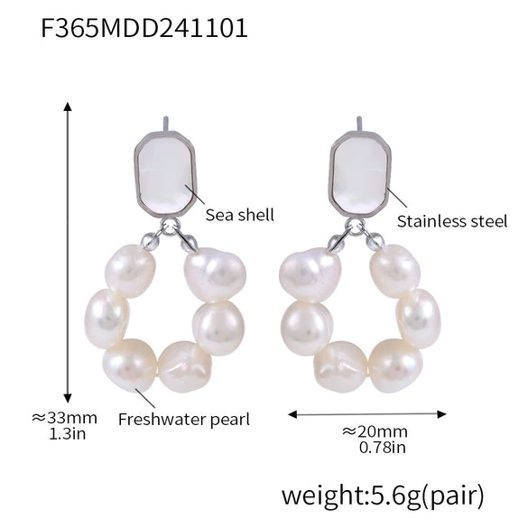 Wholesale Women's Sweet Style Freshwater Pearl And Shell Earrings With Geometric Design And Electroplating Made Of Stainless Steel