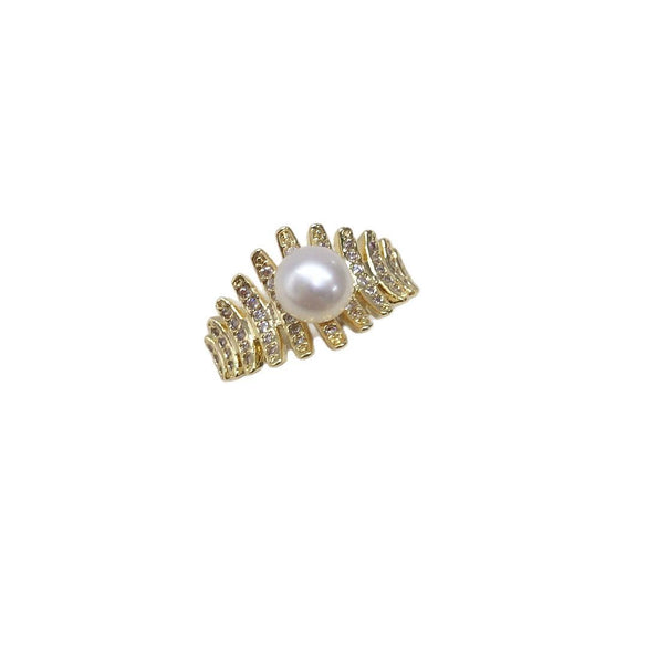 Wholesale Women's Sweet Style Freshwater Pearl Ring Copper 18K Gold Electroplated Microinlaid Zircon Fishbone Flat Round And Bun Round