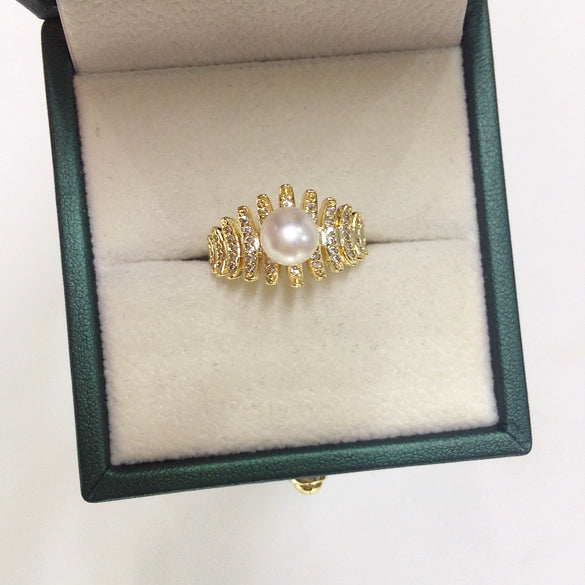 Wholesale Women's Sweet Style Freshwater Pearl Ring Copper 18K Gold Electroplated Microinlaid Zircon Fishbone Flat Round And Bun Round