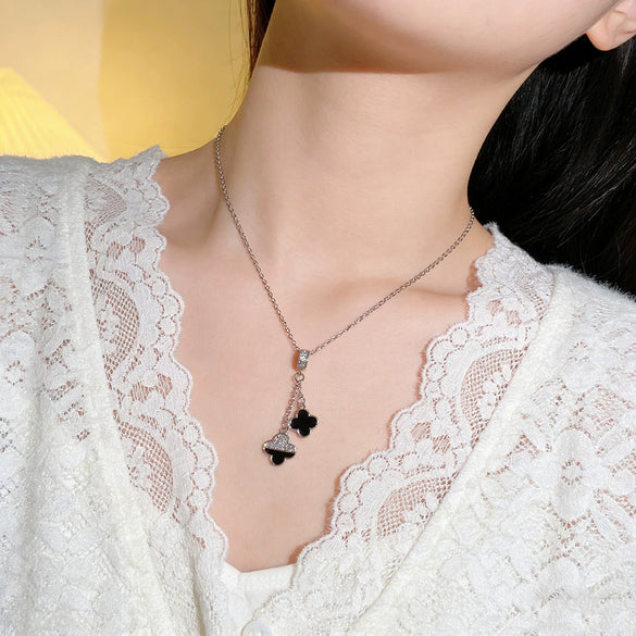 Wholesale Women's Tassel Double Fourleaf Clover Pendant Necklace In Titanium Steel And Copper Inlaid With Zircon Featuring Flower Pattern