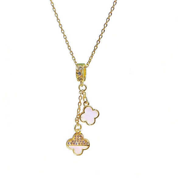 Wholesale Women's Tassel Double Fourleaf Clover Pendant Necklace In Titanium Steel And Copper Inlaid With Zircon Featuring Flower Pattern