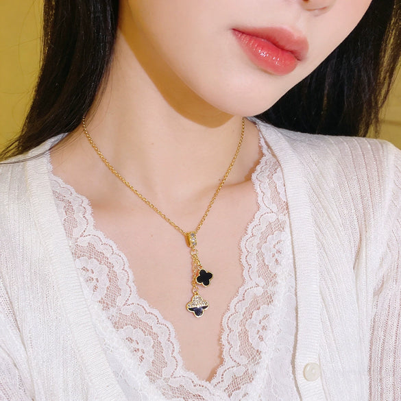 Wholesale Women's Tassel Double Fourleaf Clover Pendant Necklace In Titanium Steel And Copper Inlaid With Zircon Featuring Flower Pattern