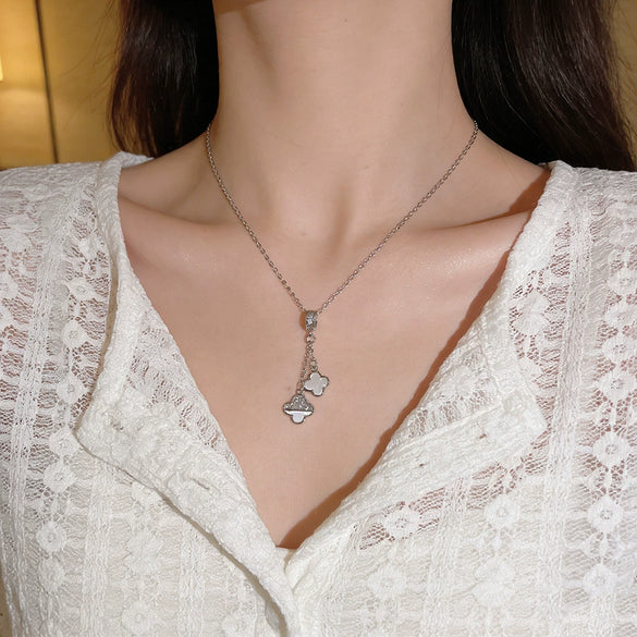 Wholesale Women's Tassel Double Fourleaf Clover Pendant Necklace In Titanium Steel And Copper Inlaid With Zircon Featuring Flower Pattern