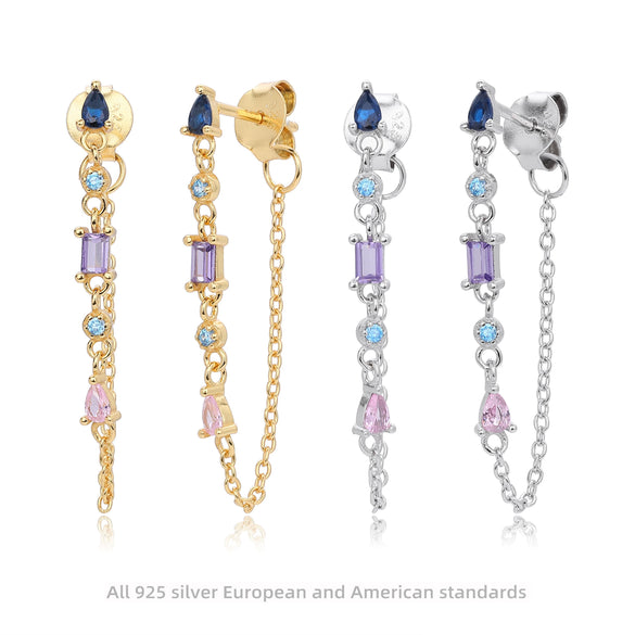 Wholesale Women's Tassel Earrings 925 Sterling Silver Geometric Colorful Zircon