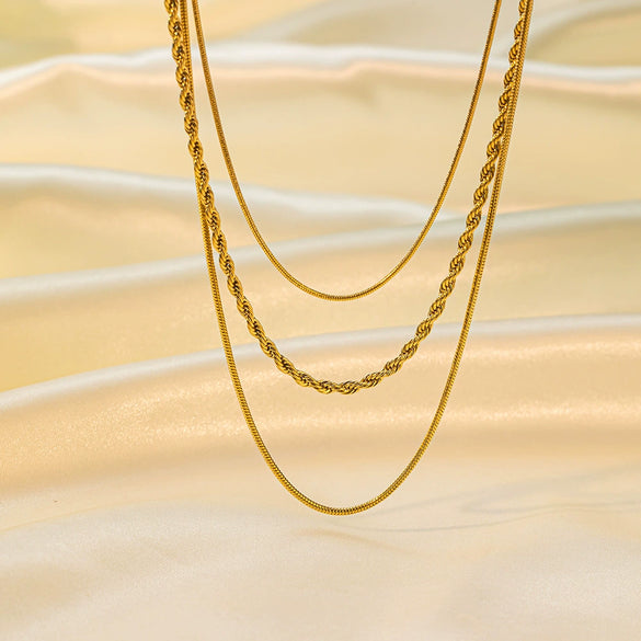 Wholesale Women's Threelayer Stacked Snake Bone Chain Twist Chain 18K Real Gold Electroplated Titanium Steel Geometric Necklace