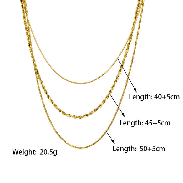 Wholesale Women's Threelayer Stacked Snake Bone Chain Twist Chain 18K Real Gold Electroplated Titanium Steel Geometric Necklace