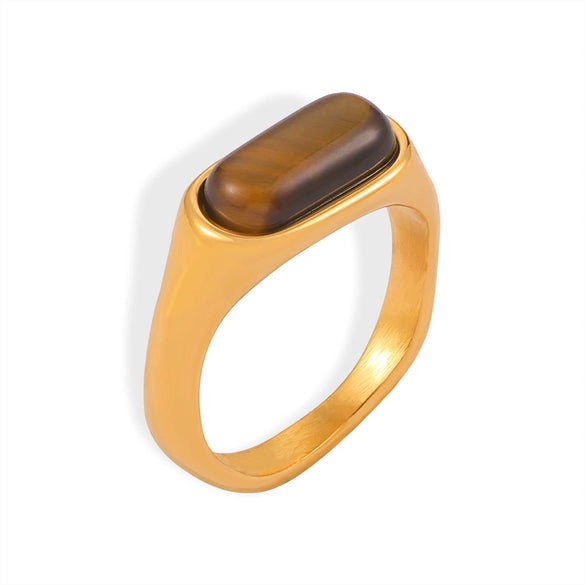 Wholesale Women's Tiger's Eye Stone Vintage Plain Ring In Smooth Titanium Steel With Geometric Design And Electroplating