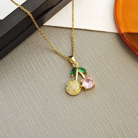 Wholesale Women's Titanium Steel And Copper Fruit Shaped Cherry Micro Inlaid Electroplated Clavicle Necklace